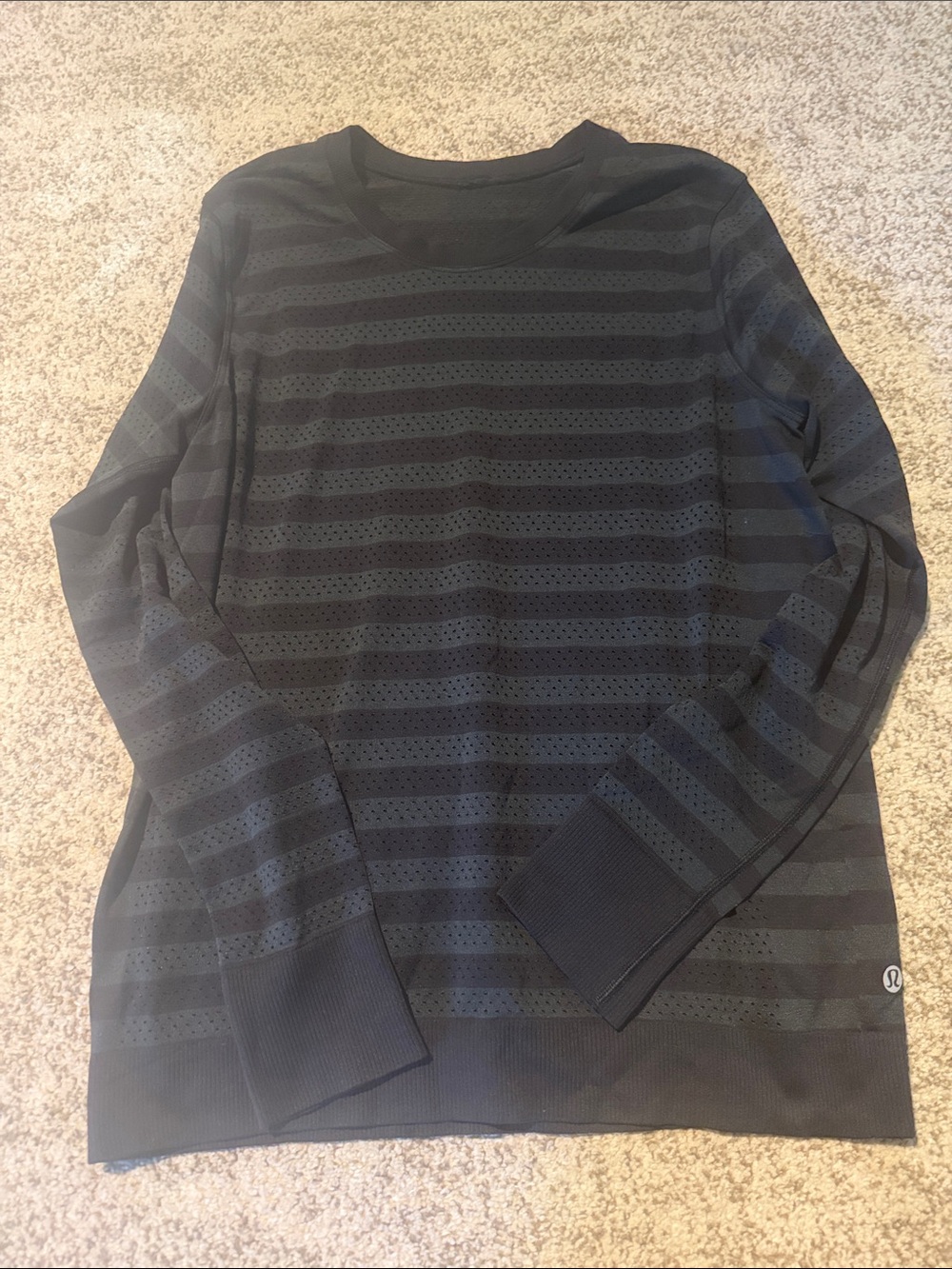 Lululemon Women’s Black and Dark Gray Striped Long-Sleeve Shirt